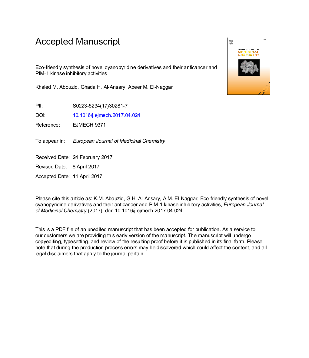 عکس صفحه اول مقاله: Eco-friendly synthesis of novel cyanopyridine derivatives and their anticancer and PIM-1 kinase inhibitory activities Eco-friendly synthesis of novel cyanopyridine derivatives and their anticancer and PIM-1 kinase inhibitory activities