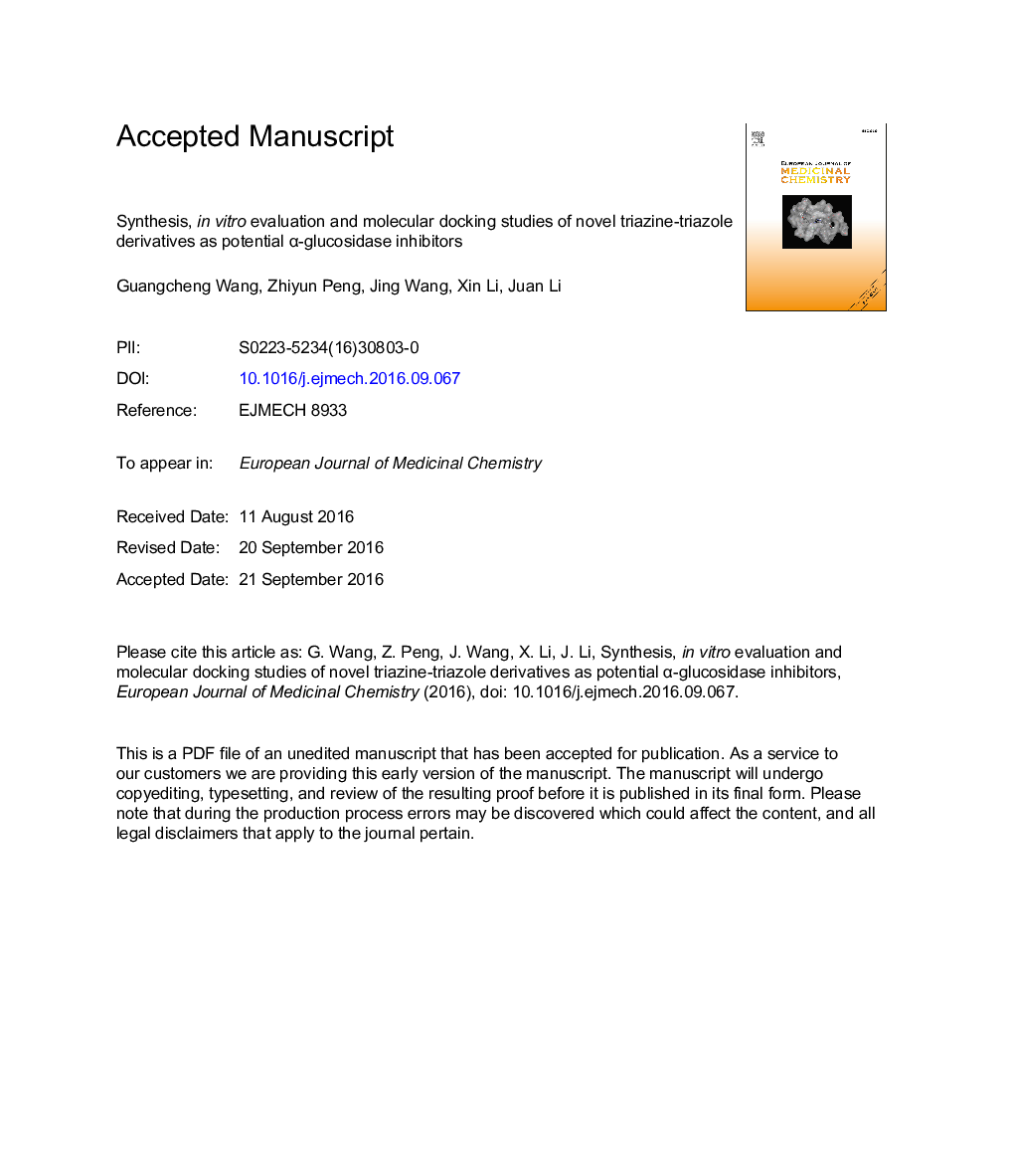 Synthesis, inÂ vitro evaluation and molecular docking studies of novel triazine-triazole derivatives as potential Î±-glucosidase inhibitors