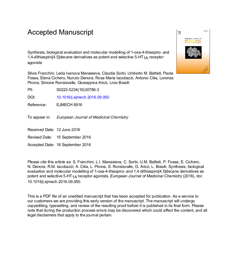 Synthesis, biological evaluation and molecular modeling of 1-oxa-4-thiaspiro- and 1,4-dithiaspiro[4.5]decane derivatives asÂ potent and selective 5-HT1A receptor agonists