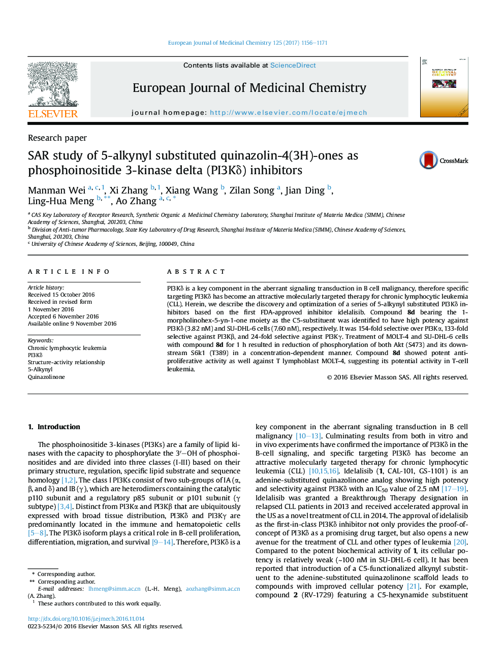 SAR study of 5-alkynyl substituted quinazolin-4(3H)-ones as phosphoinositide 3-kinase delta (PI3KÎ´) inhibitors