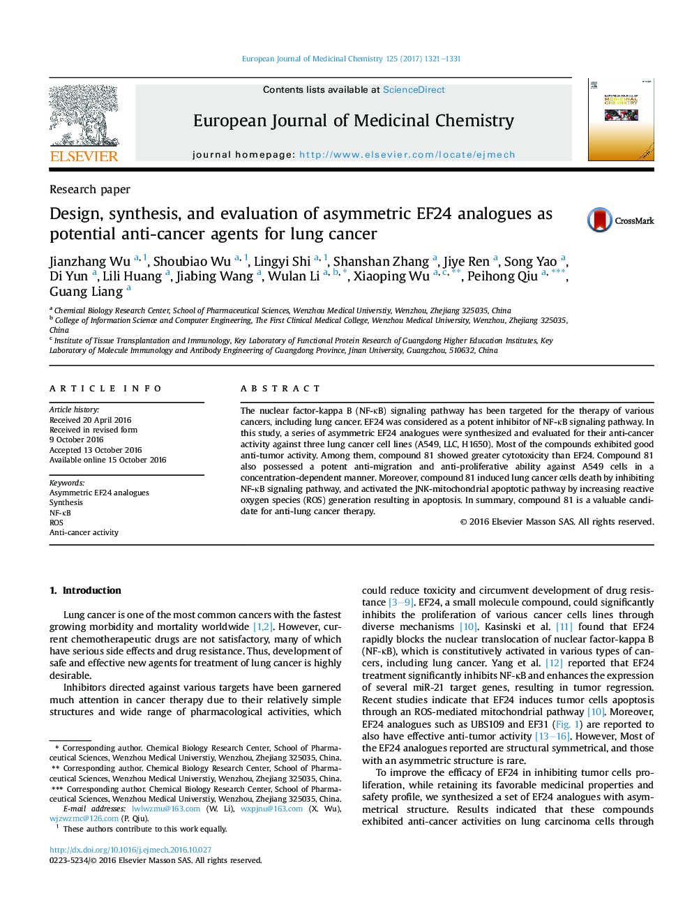 Design, synthesis, and evaluation of asymmetric EF24 analogues as potential anti-cancer agents for lung cancer