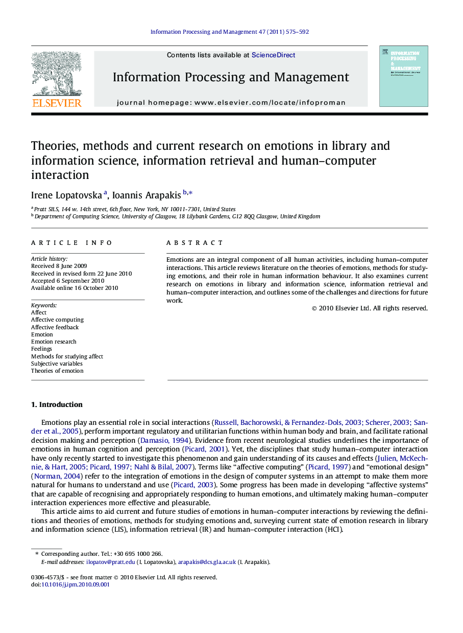 Theories, methods and current research on emotions in library and information science, information retrieval and human–computer interaction