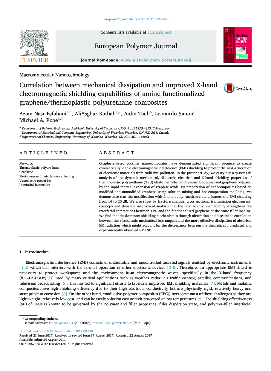 Correlation between mechanical dissipation and improved X-band electromagnetic shielding capabilities of amine functionalized graphene/thermoplastic polyurethane composites