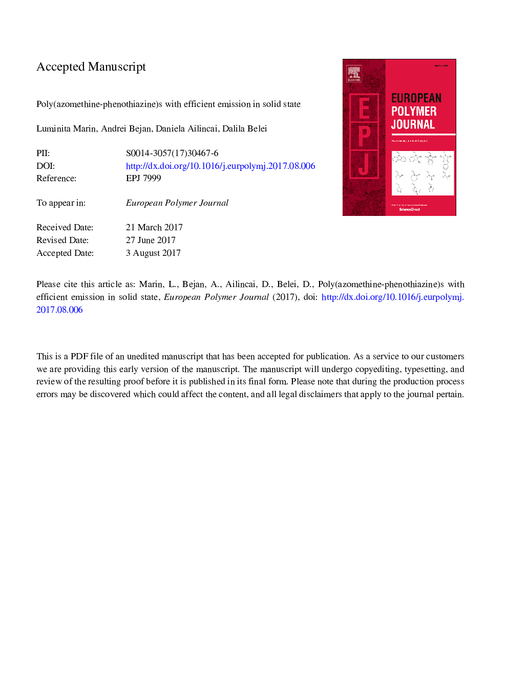 Poly(azomethine-phenothiazine)s with efficient emission in solid state