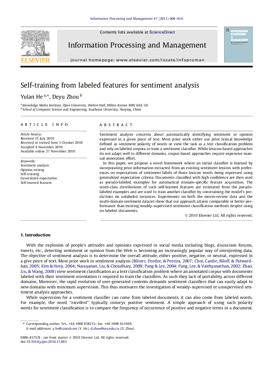 Self-training from labeled features for sentiment analysis