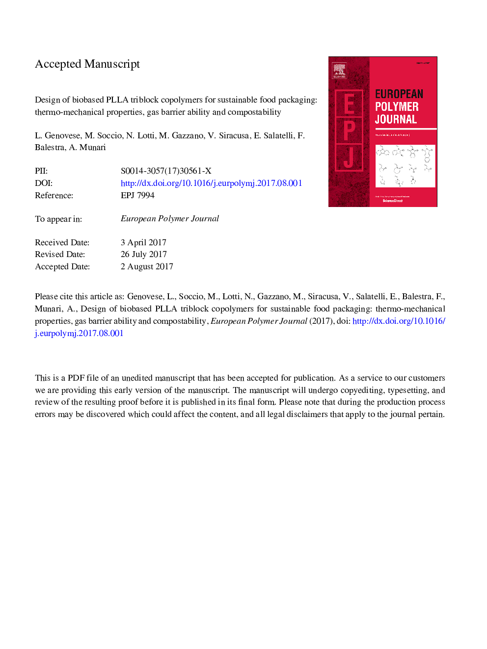 Design of biobased PLLA triblock copolymers for sustainable food packaging: Thermo-mechanical properties, gas barrier ability and compostability