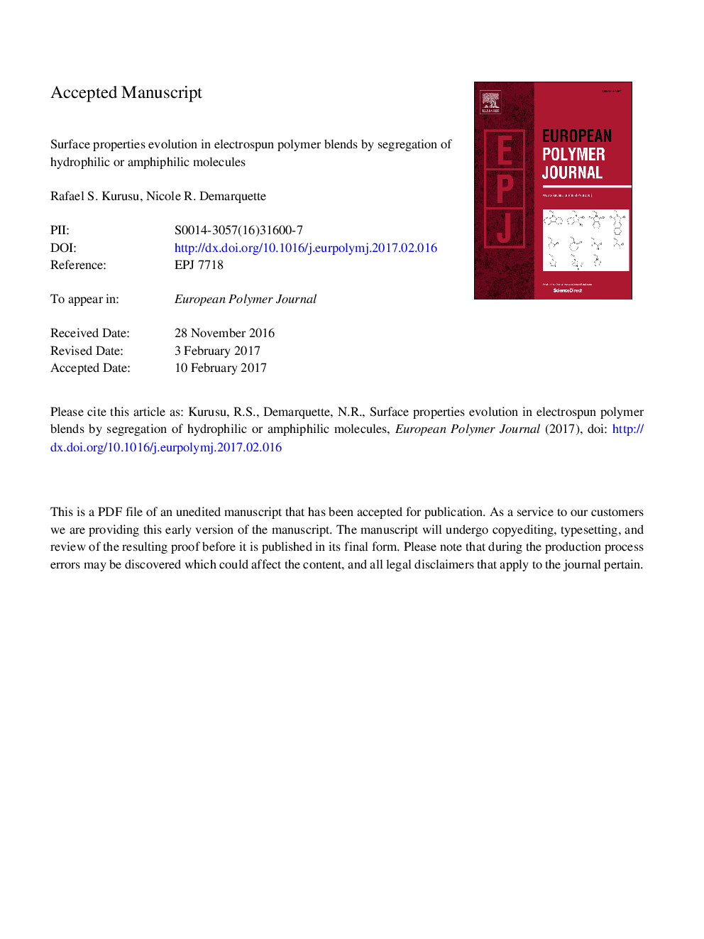 Surface properties evolution in electrospun polymer blends by segregation of hydrophilic or amphiphilic molecules