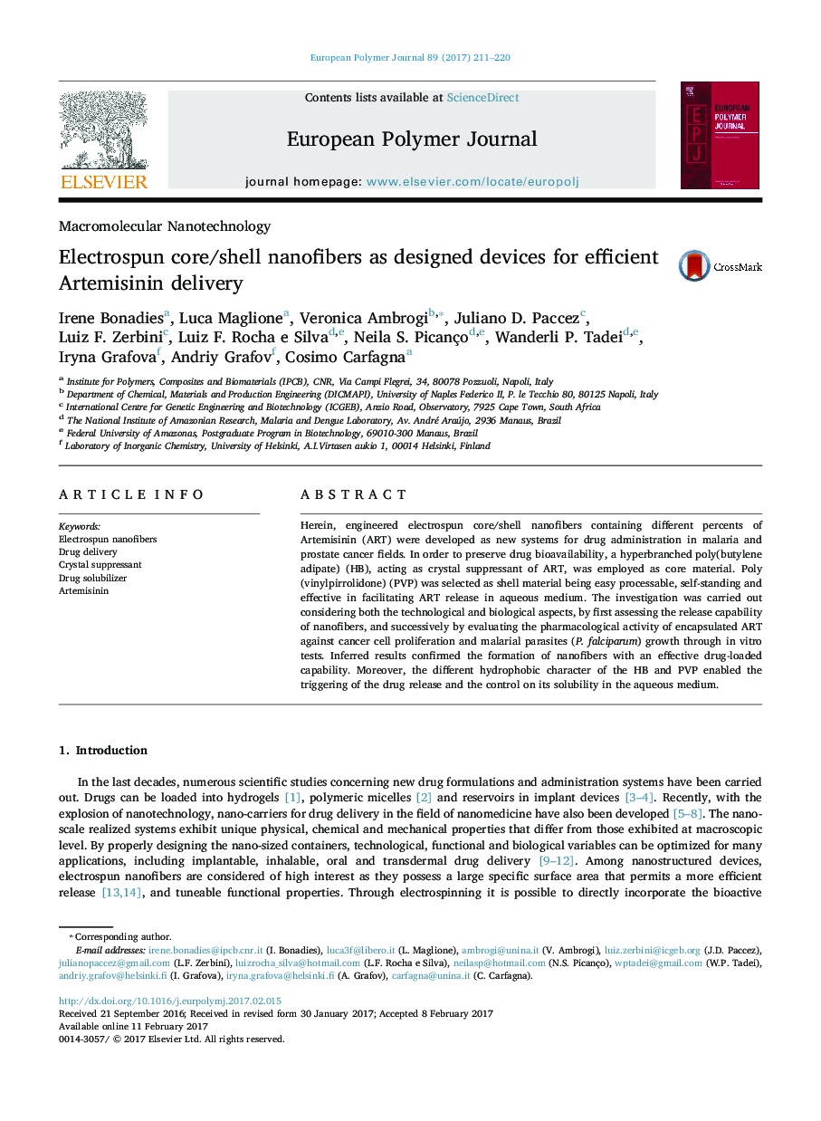 Electrospun core/shell nanofibers as designed devices for efficient Artemisinin delivery