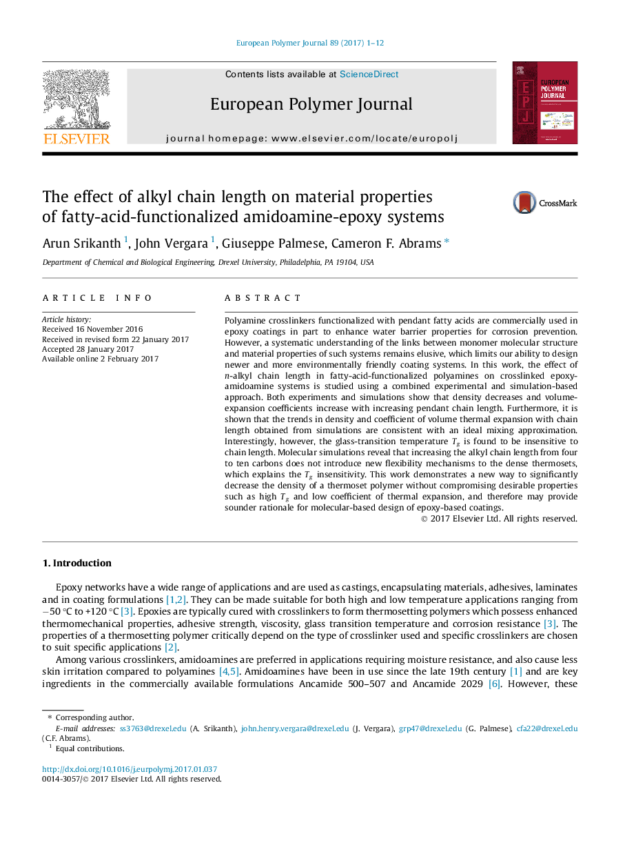 The effect of alkyl chain length on material properties of fatty-acid-functionalized amidoamine-epoxy systems