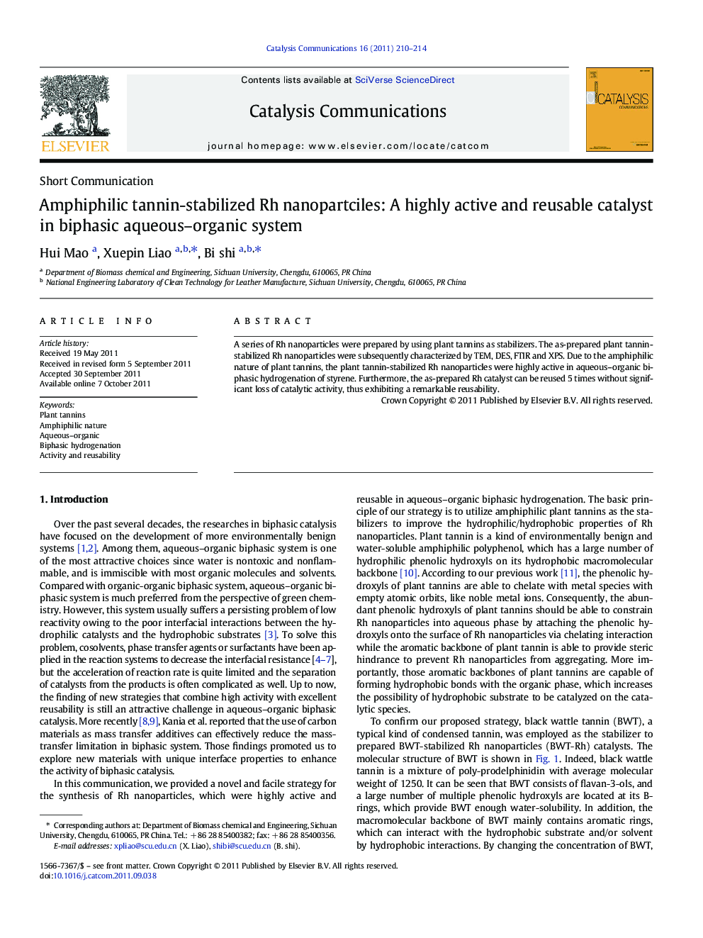 Amphiphilic tannin-stabilized Rh nanopartciles: A highly active and reusable catalyst in biphasic aqueous–organic system