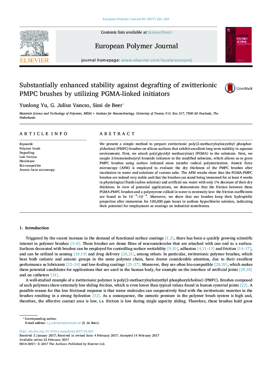 Substantially enhanced stability against degrafting of zwitterionic PMPC brushes by utilizing PGMA-linked initiators