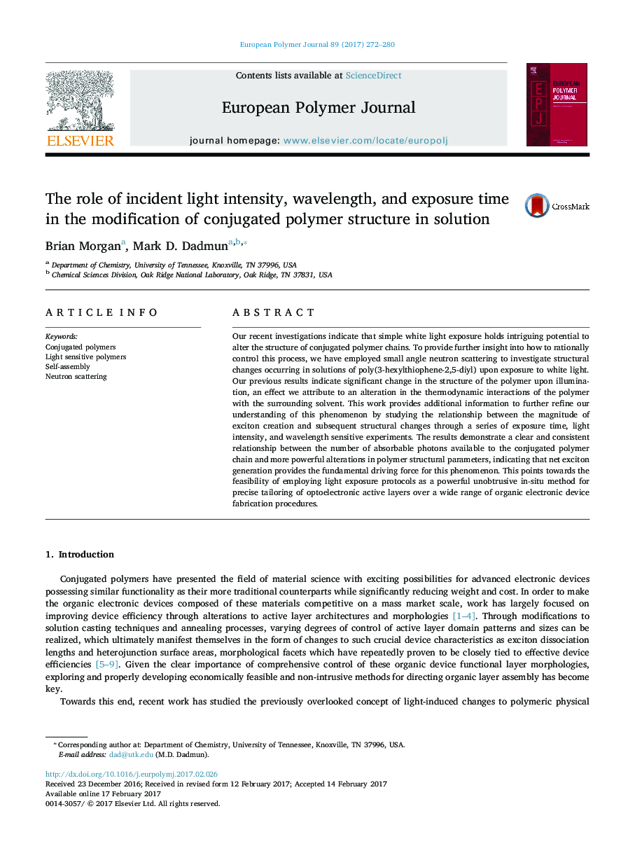 The role of incident light intensity, wavelength, and exposure time in the modification of conjugated polymer structure in solution