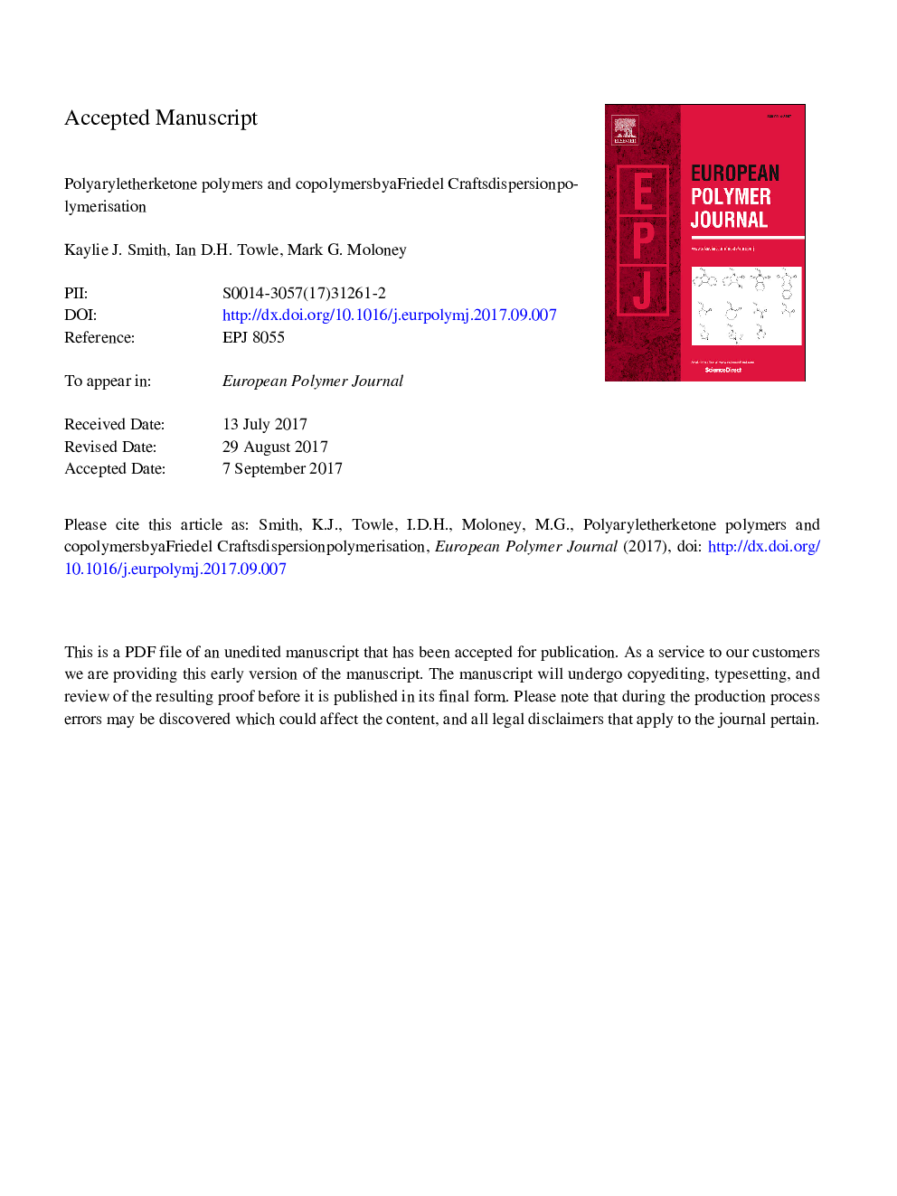 عکس صفحه اول مقاله: Polyaryletherketone polymers and copolymers by a Friedel Crafts dispersion polymerisation Polyaryletherketone polymers and copolymers by a Friedel Crafts dispersion polymerisation