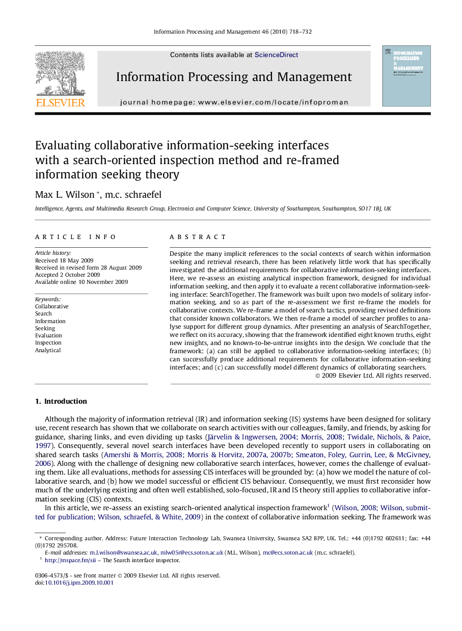 Evaluating collaborative information-seeking interfaces with a search-oriented inspection method and re-framed information seeking theory