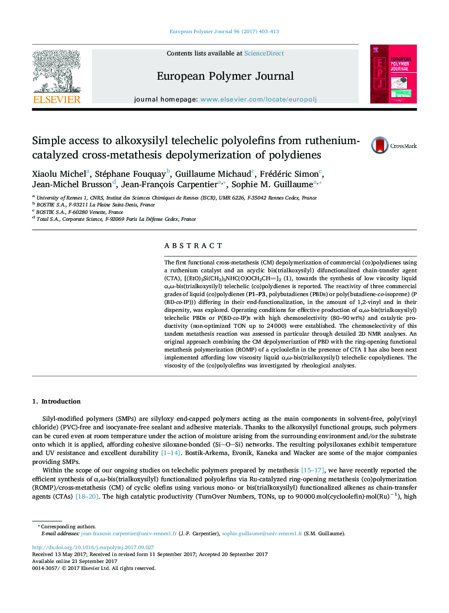 Simple access to alkoxysilyl telechelic polyolefins from ruthenium-catalyzed cross-metathesis depolymerization of polydienes