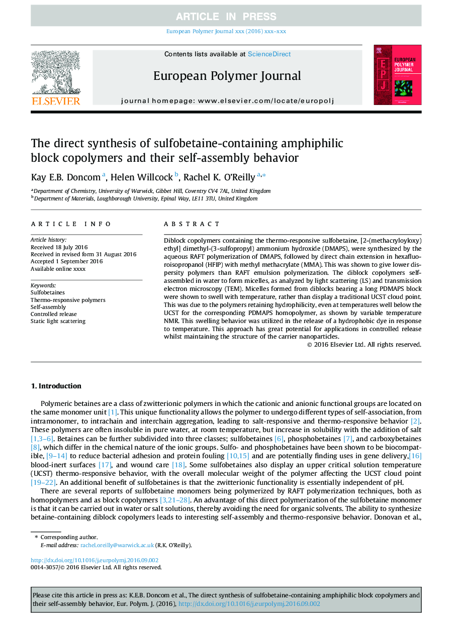 The direct synthesis of sulfobetaine-containing amphiphilic block copolymers and their self-assembly behavior