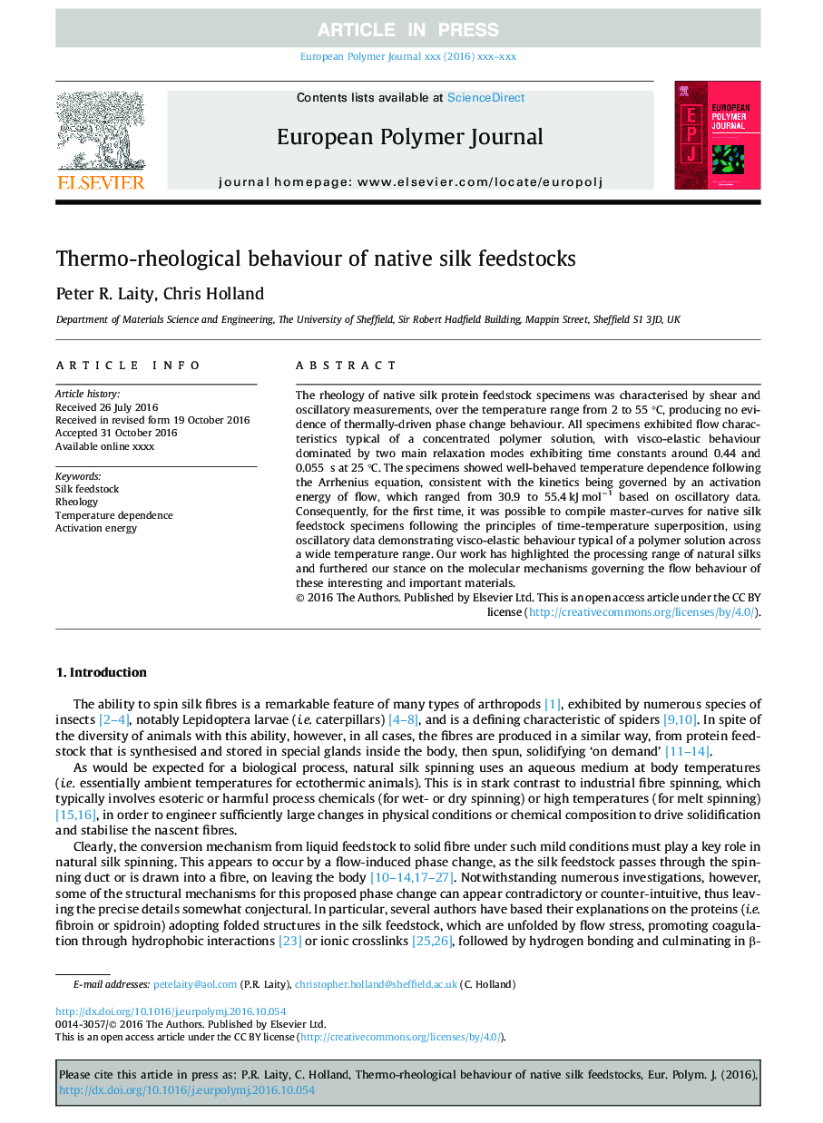 Thermo-rheological behaviour of native silk feedstocks