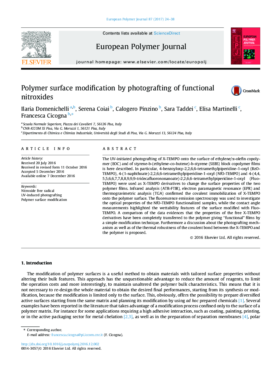 Polymer surface modification by photografting of functional nitroxides