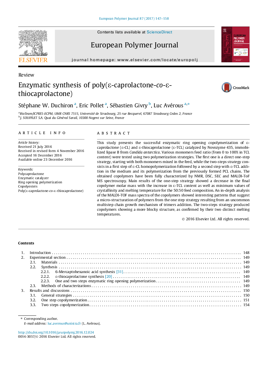 Enzymatic synthesis of poly(Îµ-caprolactone-co-Îµ-thiocaprolactone)