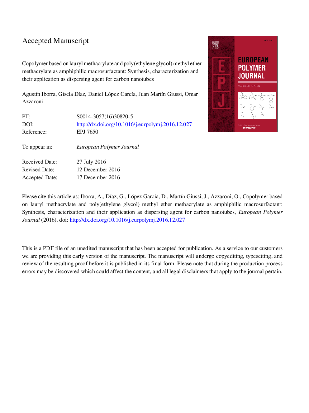 Copolymer based on lauryl methacrylate and poly(ethylene glycol) methyl ether methacrylate as amphiphilic macrosurfactant: Synthesis, characterization and their application as dispersing agent for carbon nanotubes