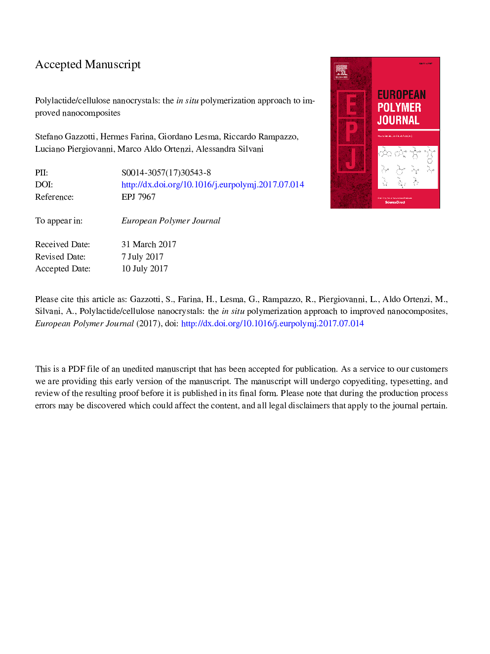 Polylactide/cellulose nanocrystals: The in situ polymerization approach to improved nanocomposites