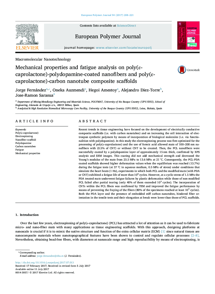 Mechanical properties and fatigue analysis on poly(Îµ-caprolactone)-polydopamine-coated nanofibers and poly(Îµ-caprolactone)-carbon nanotube composite scaffolds