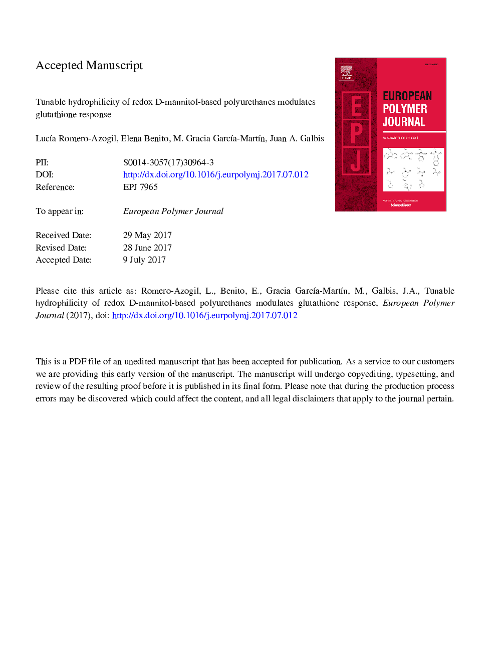 Tunable hydrophilicity of redox d-mannitol-based polyurethanes modulates glutathione response