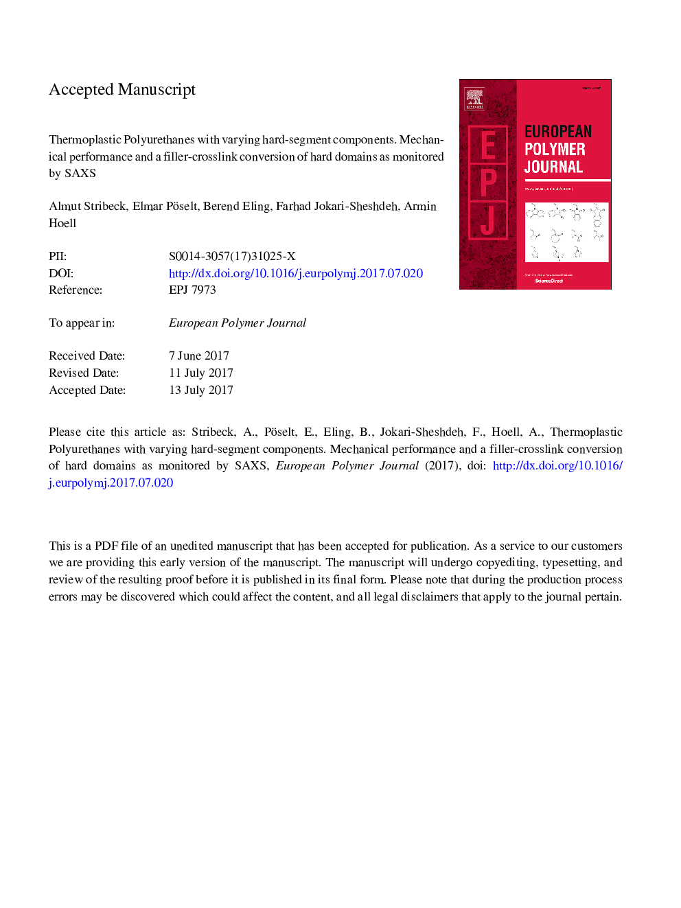 Thermoplastic polyurethanes with varying hard-segment components. Mechanical performance and a filler-crosslink conversion of hard domains as monitored by SAXS