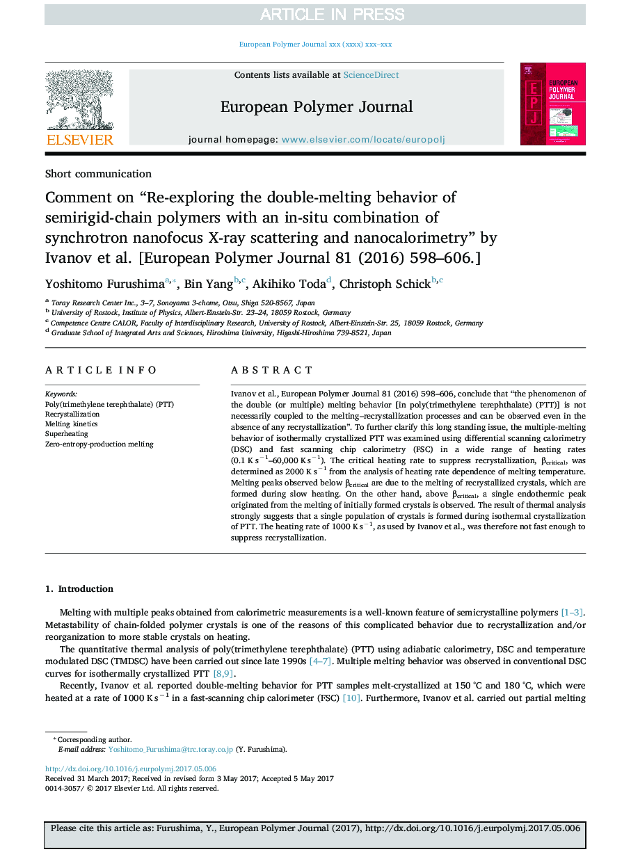 Comment on “Re-exploring the double-melting behavior of semirigid-chain polymers with an in-situ combination of synchrotron nanofocus X-ray scattering and nanocalorimetry” by Ivanov et al. [European Polymer Journal 81 (2016) 598-606.]