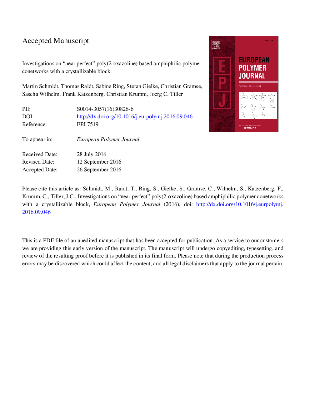 Investigations on “near perfect” poly(2-oxazoline) based amphiphilic polymer conetworks with a crystallizable block