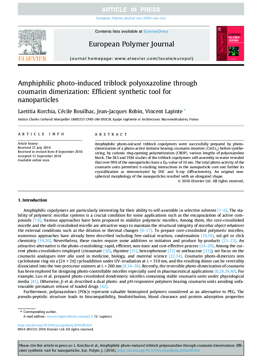 Amphiphilic photo-induced triblock polyoxazoline through coumarin dimerization: Efficient synthetic tool for nanoparticles