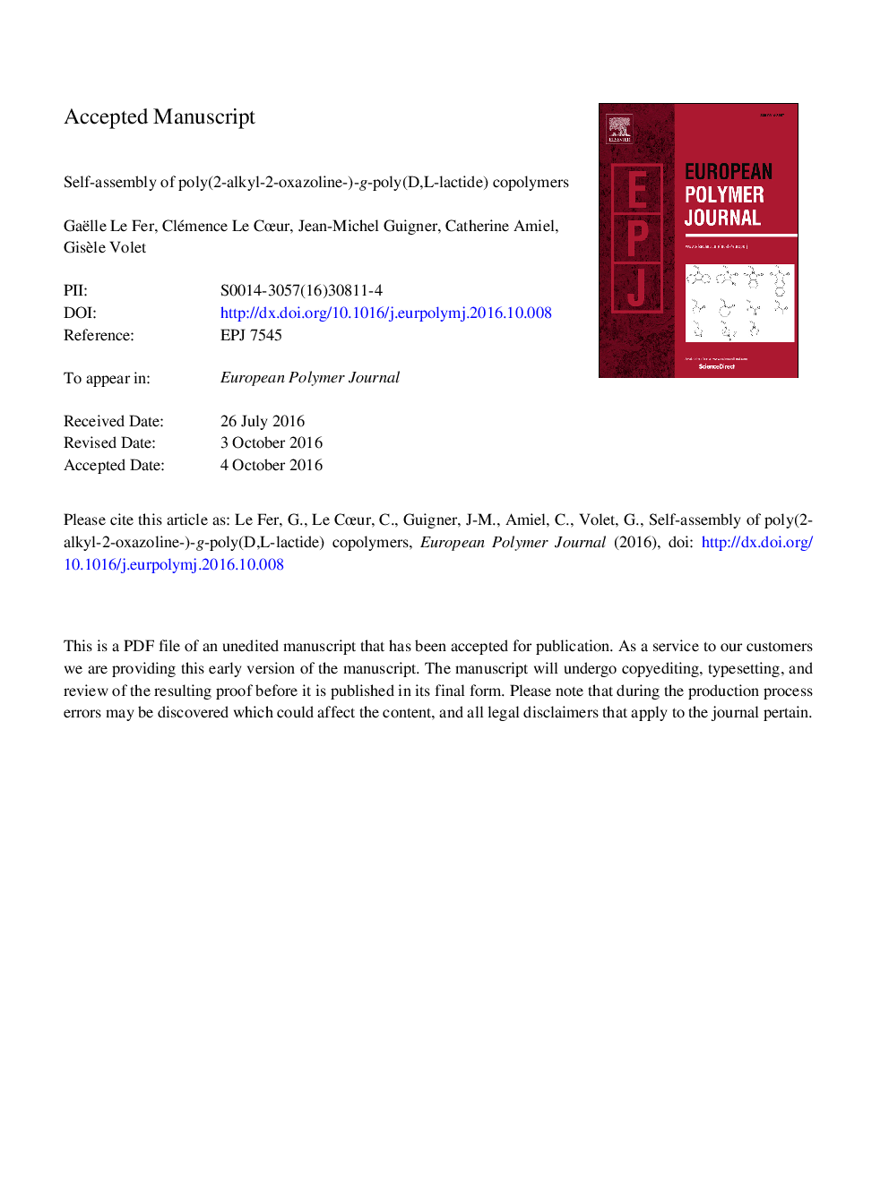 Self-assembly of poly(2-alkyl-2-oxazoline-)-g-poly(d,l-lactide) copolymers