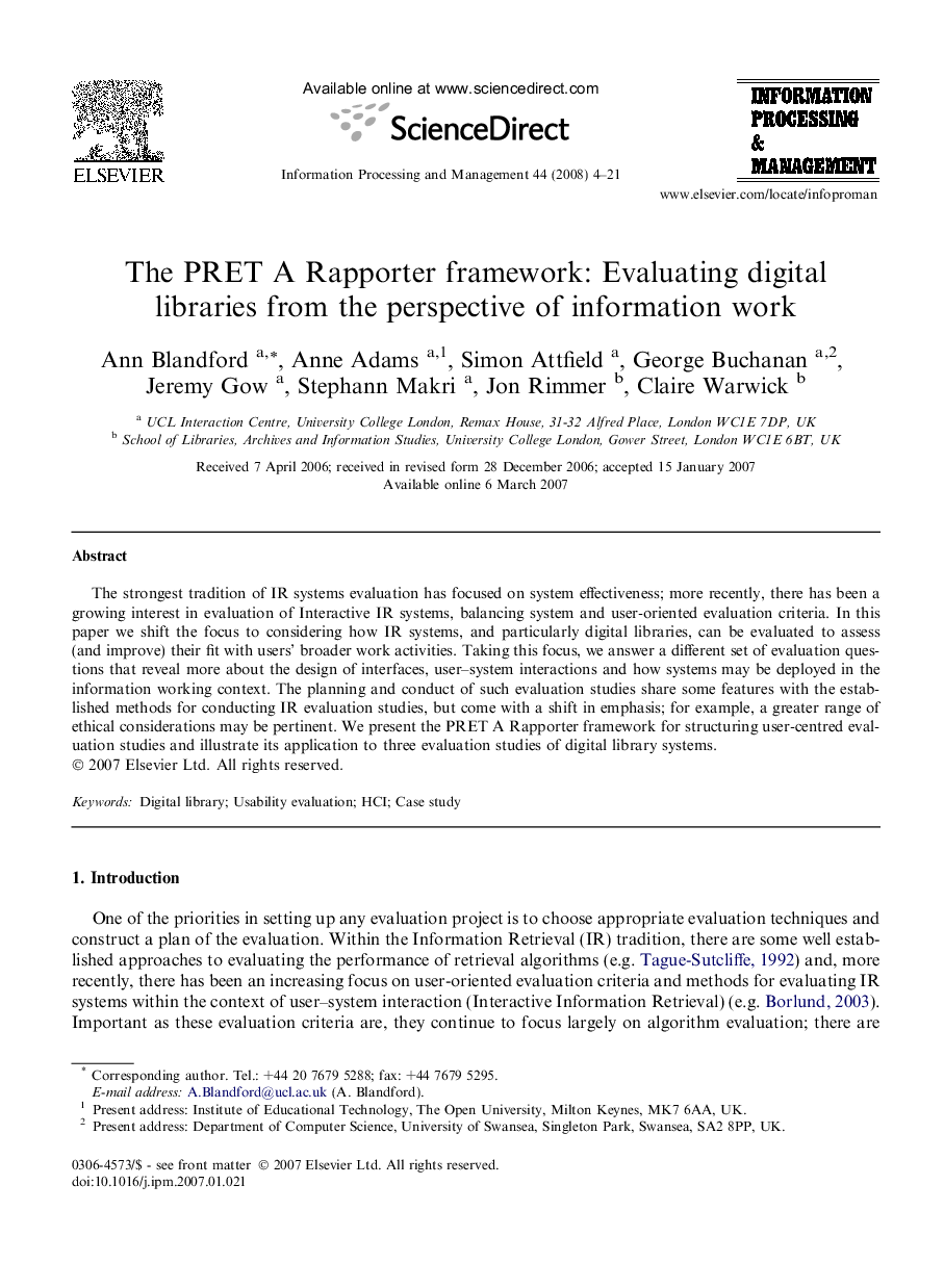 The PRET A Rapporter framework: Evaluating digital libraries from the perspective of information work