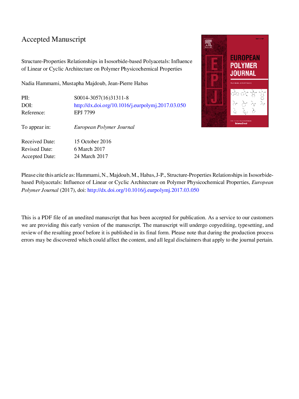 Structure-properties relationships in isosorbide-based polyacetals: Influence of linear or cyclic architecture on polymer physicochemical properties