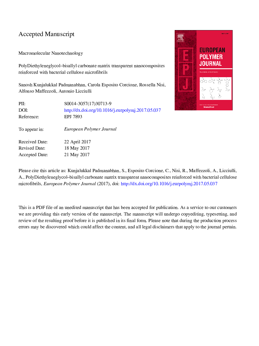 PolyDiethyleneglycol-bisallyl carbonate matrix transparent nanocomposites reinforced with bacterial cellulose microfibrils