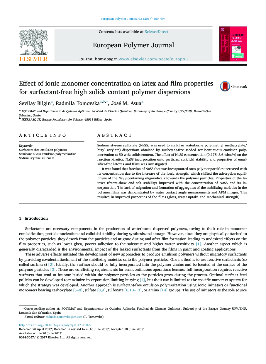 Effect of ionic monomer concentration on latex and film properties for surfactant-free high solids content polymer dispersions