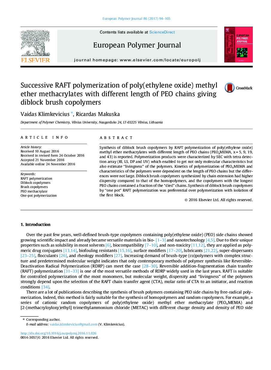 Successive RAFT polymerization of poly(ethylene oxide) methyl ether methacrylates with different length of PEO chains giving diblock brush copolymers