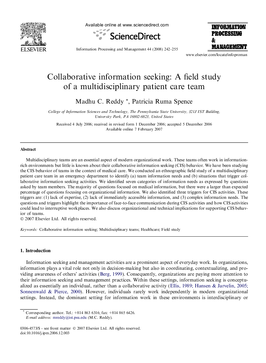 Collaborative information seeking: A field study of a multidisciplinary patient care team