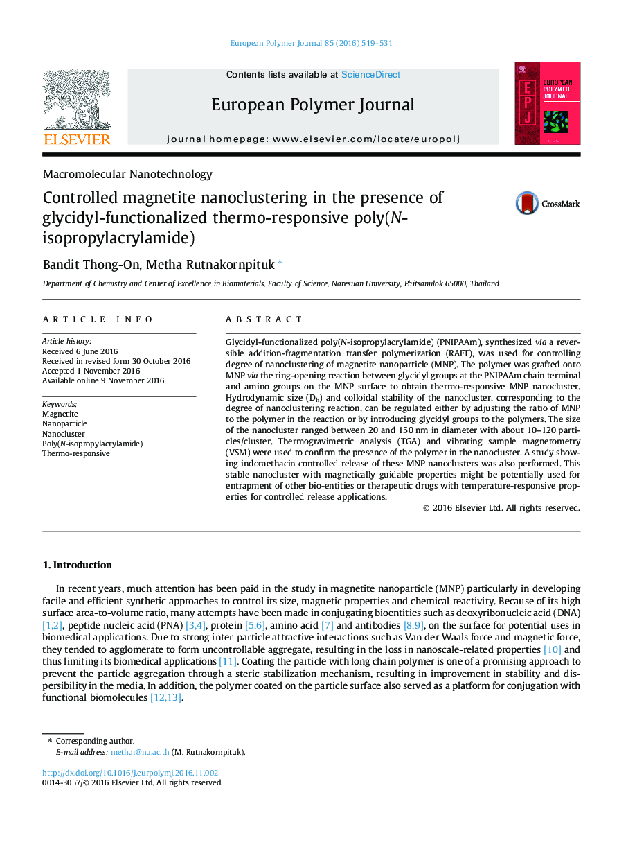 Controlled magnetite nanoclustering in the presence of glycidyl-functionalized thermo-responsive poly(N-isopropylacrylamide)