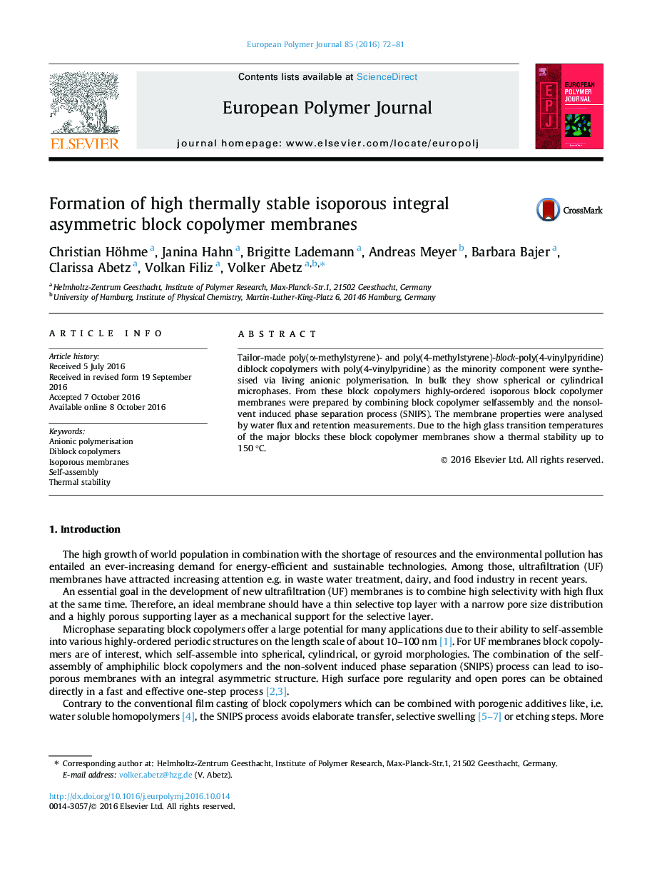 Formation of high thermally stable isoporous integral asymmetric block copolymer membranes