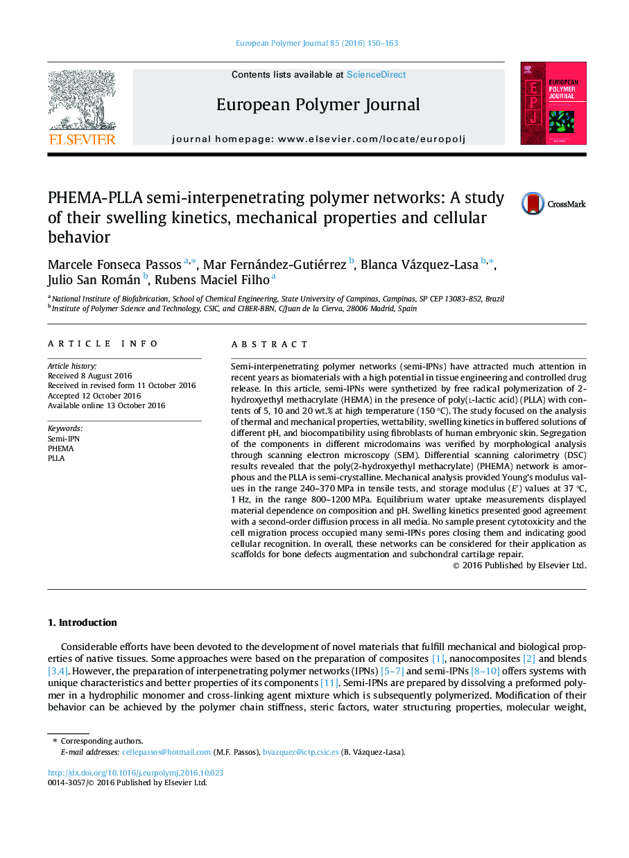 PHEMA-PLLA semi-interpenetrating polymer networks: A study of their swelling kinetics, mechanical properties and cellular behavior