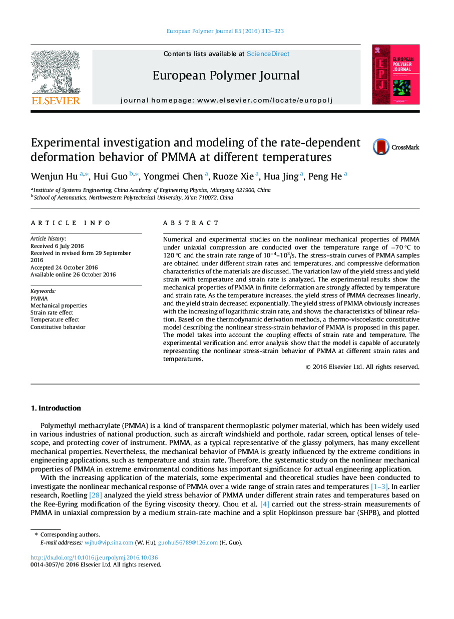 Experimental investigation and modeling of the rate-dependent deformation behavior of PMMA at different temperatures