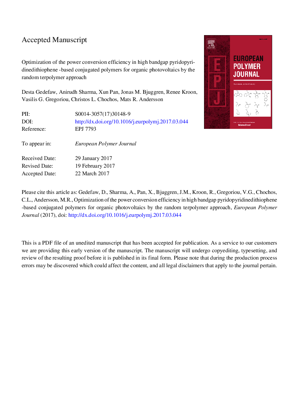 Optimization of the power conversion efficiency in high bandgap pyridopyridinedithiophene-based conjugated polymers for organic photovoltaics by the random terpolymer approach