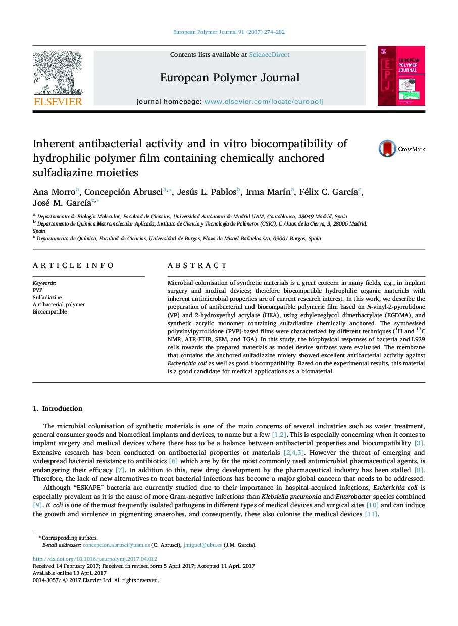 Inherent antibacterial activity and in vitro biocompatibility of hydrophilic polymer film containing chemically anchored sulfadiazine moieties