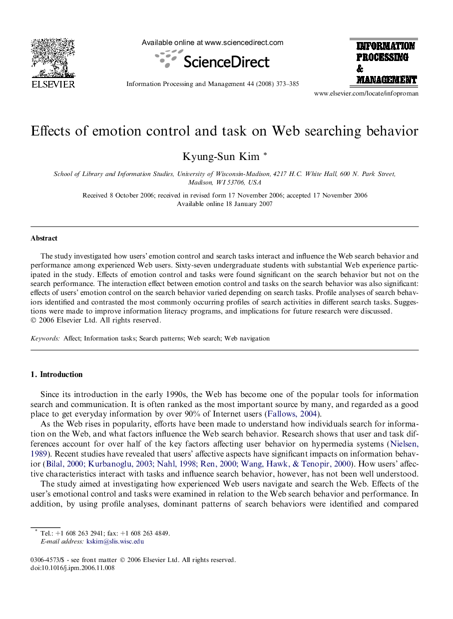 Effects of emotion control and task on Web searching behavior