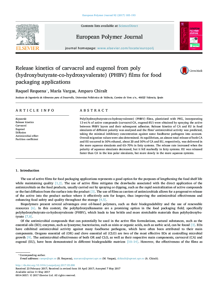 Release kinetics of carvacrol and eugenol from poly(hydroxybutyrate-co-hydroxyvalerate) (PHBV) films for food packaging applications