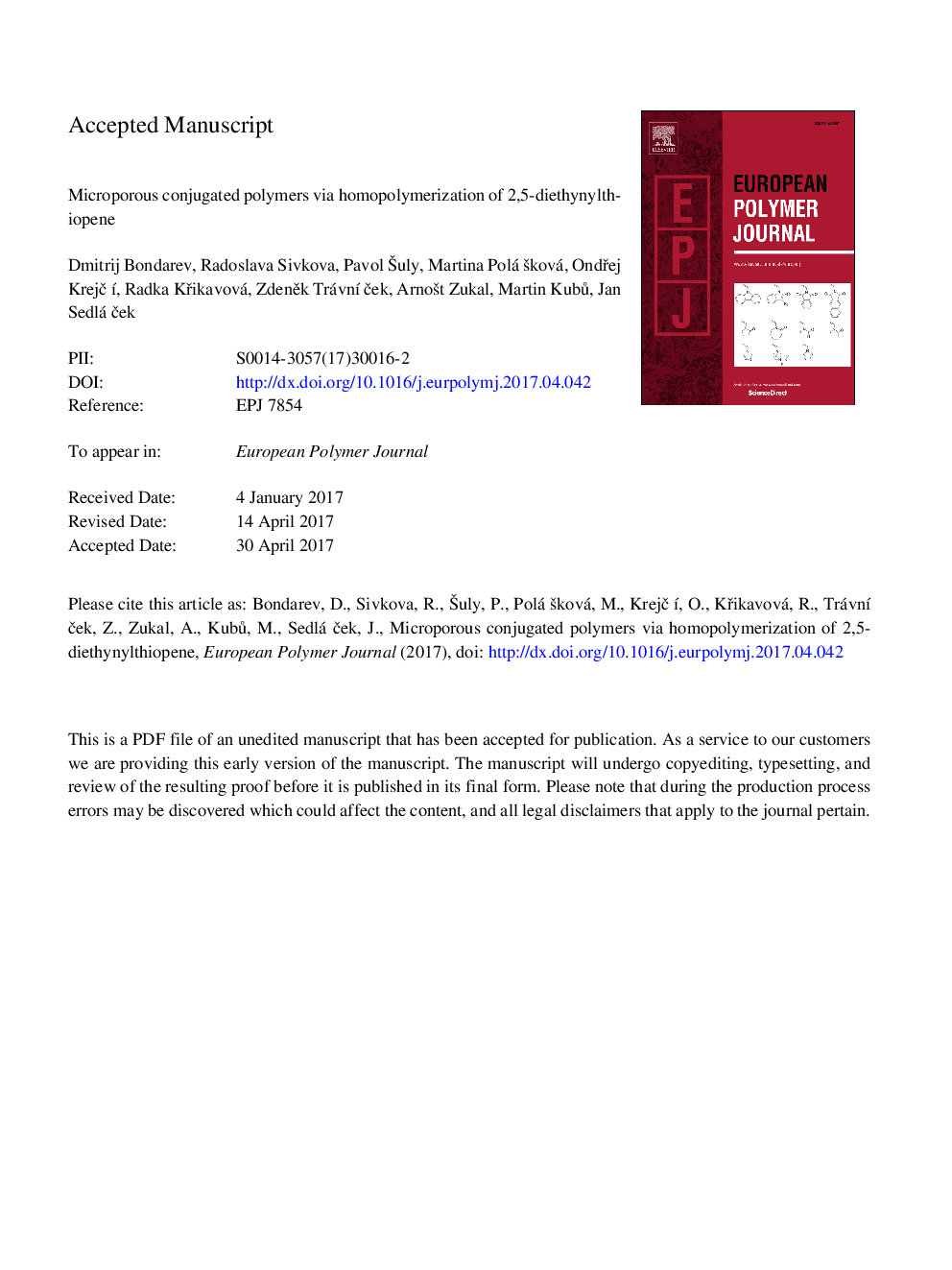 Microporous conjugated polymers via homopolymerization of 2,5-diethynylthiophene