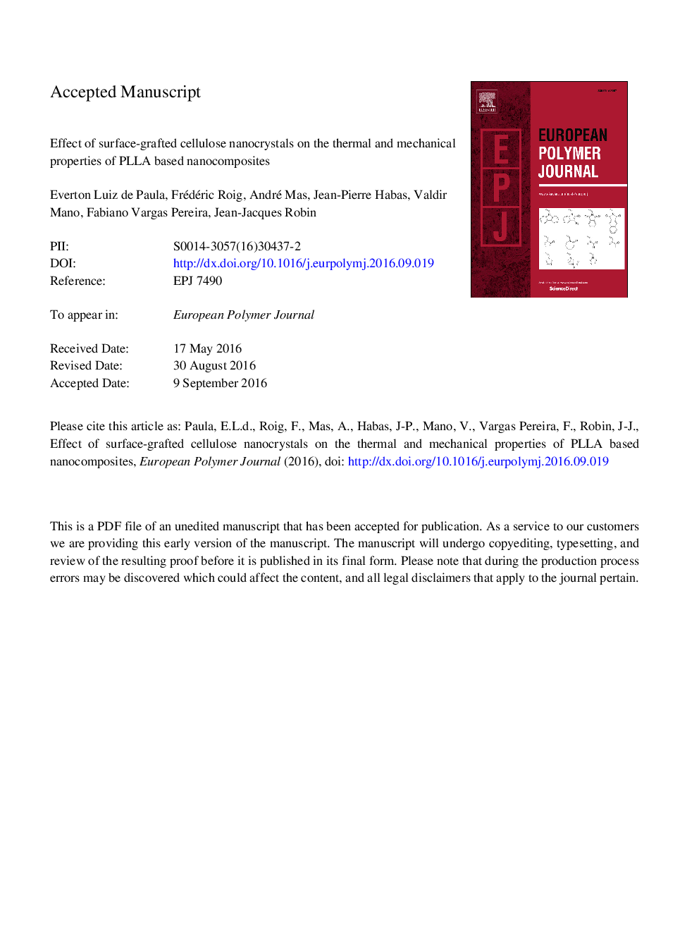 Effect of surface-grafted cellulose nanocrystals on the thermal and mechanical properties of PLLA based nanocomposites