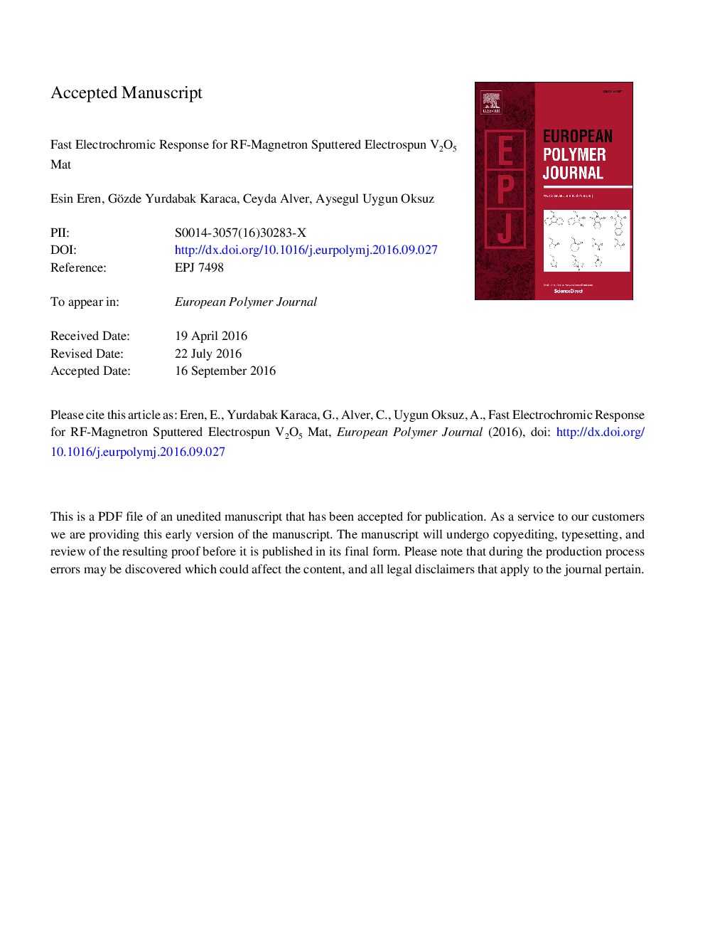 عکس صفحه اول مقاله: Fast electrochromic response for RF-magnetron sputtered electrospun V2O5 mat Fast electrochromic response for RF-magnetron sputtered electrospun V2O5 mat