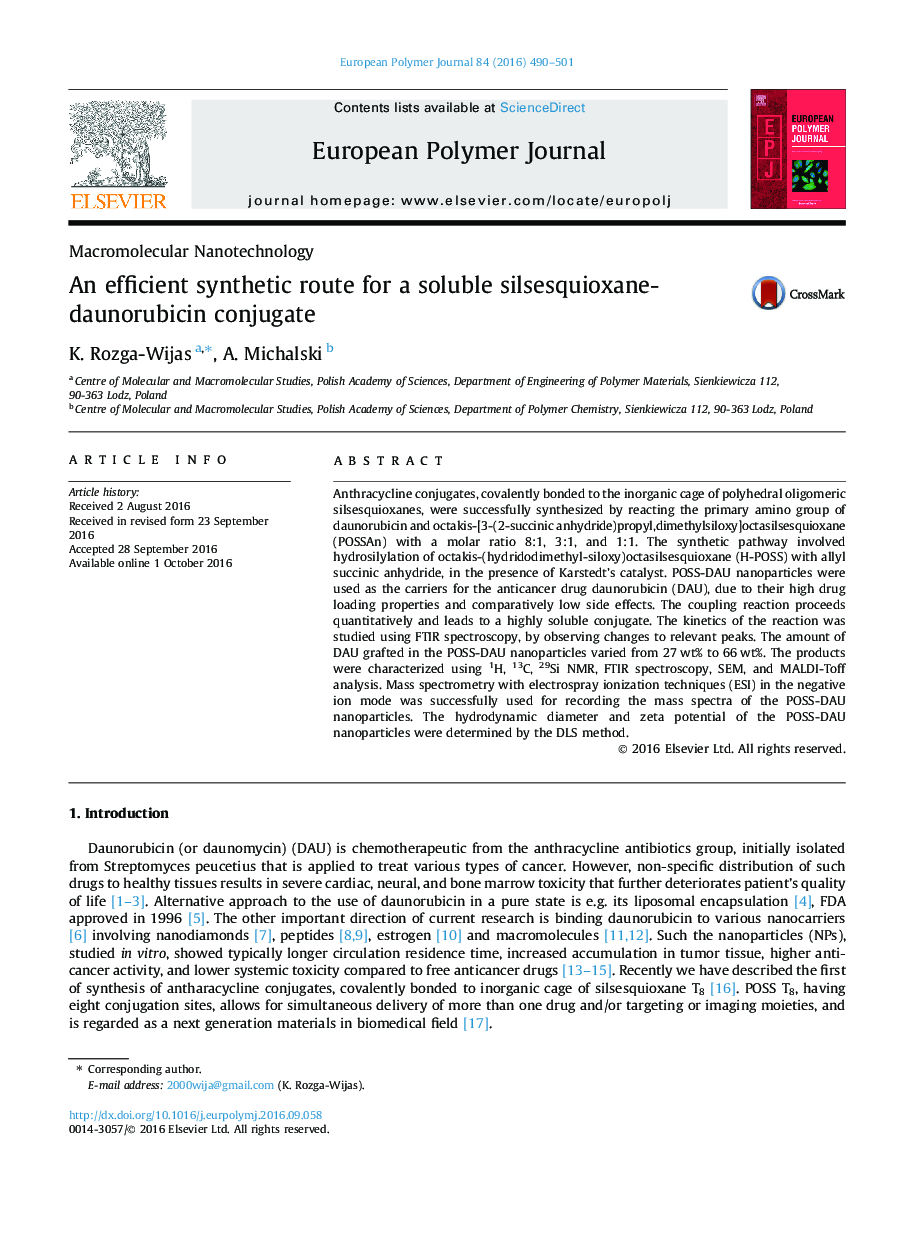 An efficient synthetic route for a soluble silsesquioxane-daunorubicin conjugate